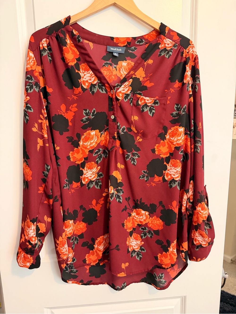 Modcloth Burgundy Floral Henley Blouse